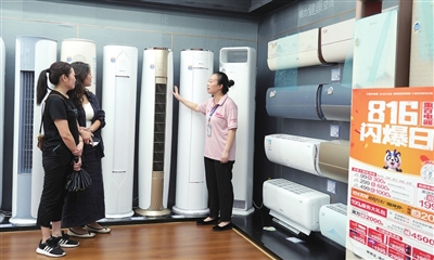重百电器梁平店，销售人员（右）在向市民推介空调产品。
